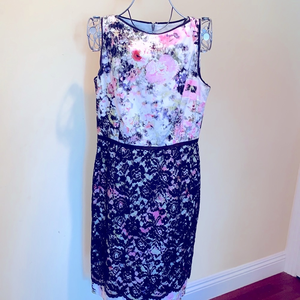 MAGGY LONDON Cocktail Dress Lace Detail Floral Print and Black Event Party Midi